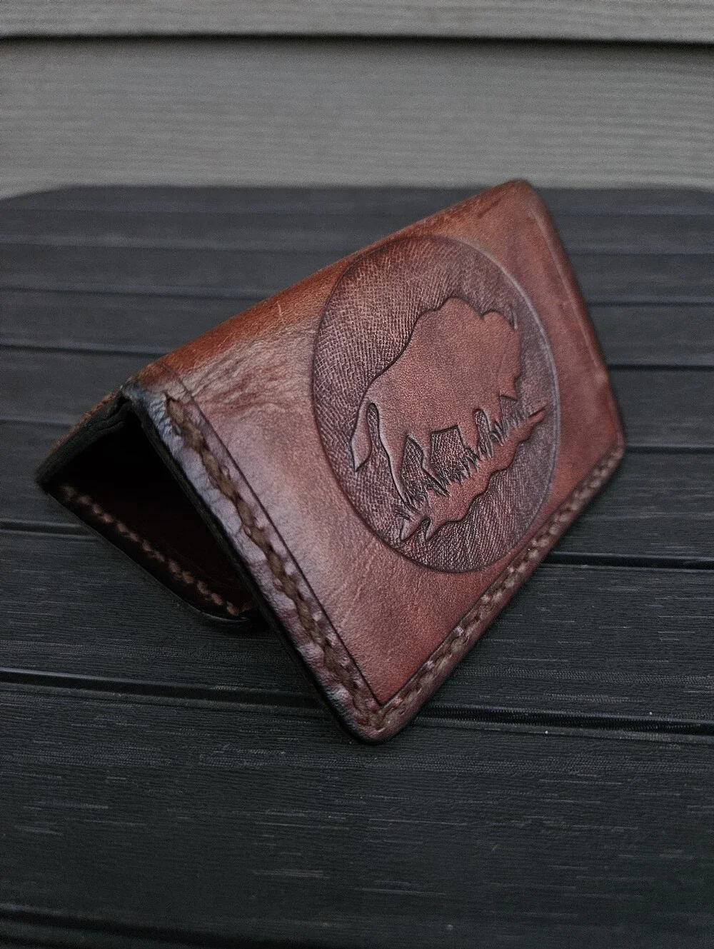 Vintage Mens Leather Trifold Wallet Tooled Bison Buffalo Western Cowboy Rustic